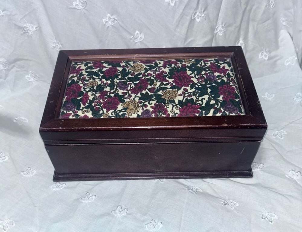 Vintage Powell Wooden Jewelry Box with Floral Tapestry Padded Lid